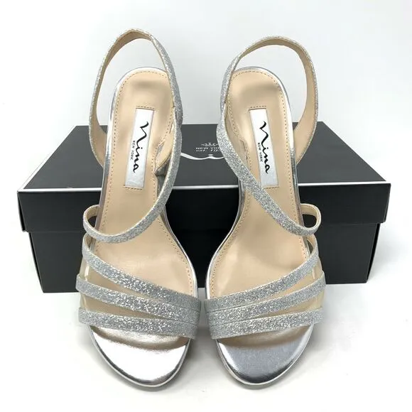 Nina Women’s Nazima Open Toe Slingback Heels Silver Glitter Size 6M