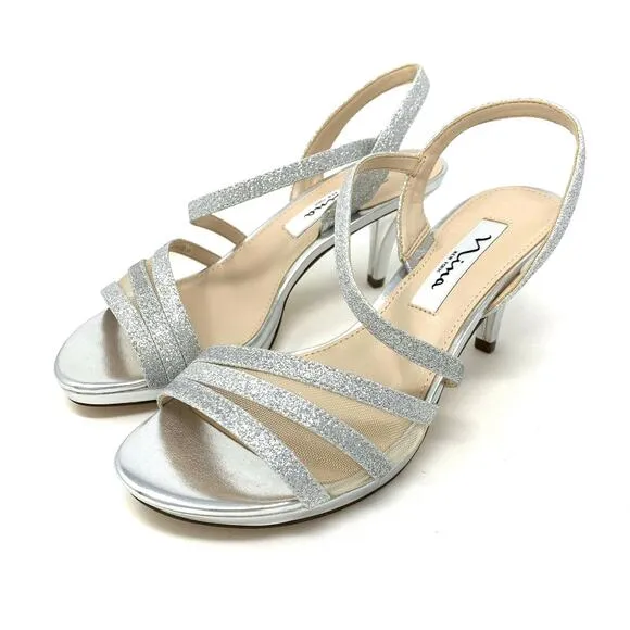 Nina Women’s Nazima Open Toe Slingback Heels Silver Glitter Size 6M