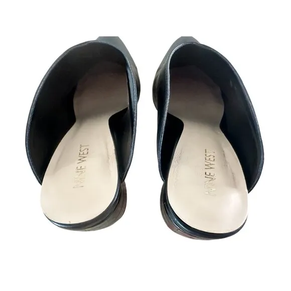 Nine West Leather Mules Clogs Womens 8.5 Black Slip On Round Block Heels Grunge