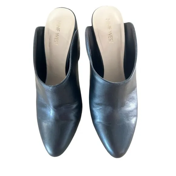 Nine West Leather Mules Clogs Womens 8.5 Black Slip On Round Block Heels Grunge