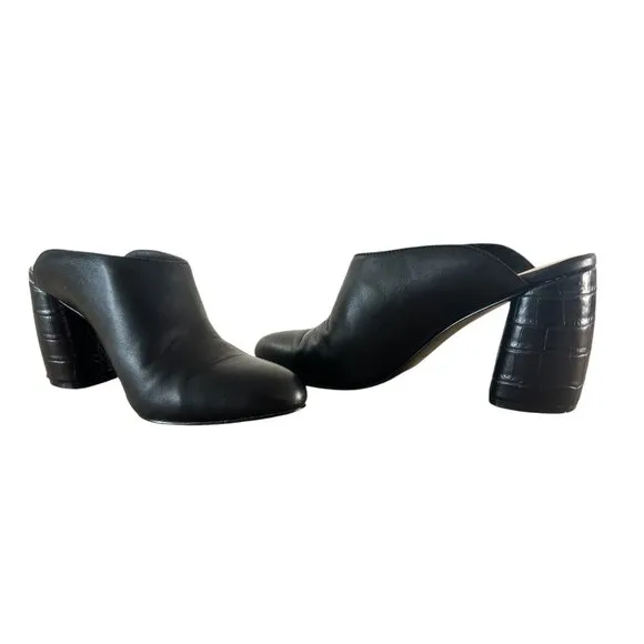 Nine West Leather Mules Clogs Womens 8.5 Black Slip On Round Block Heels Grunge
