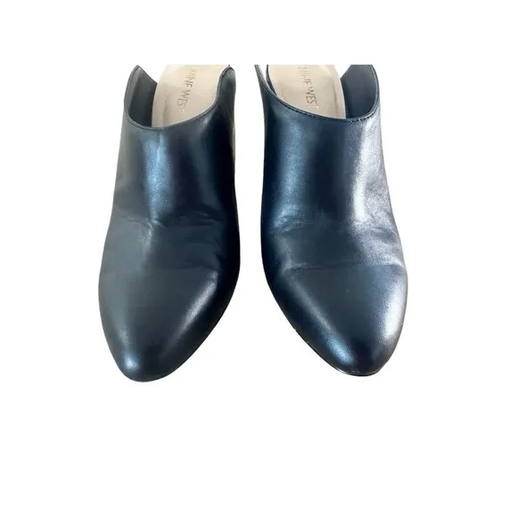 Nine West Leather Mules Clogs Womens 8.5 Black Slip On Round Block Heels Grunge