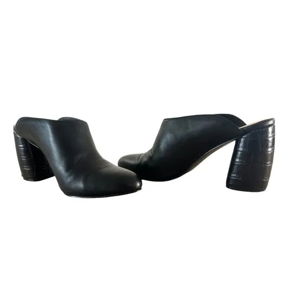 Nine West Leather Mules Clogs Womens 8.5 Black Slip On Round Block Heels Grunge
