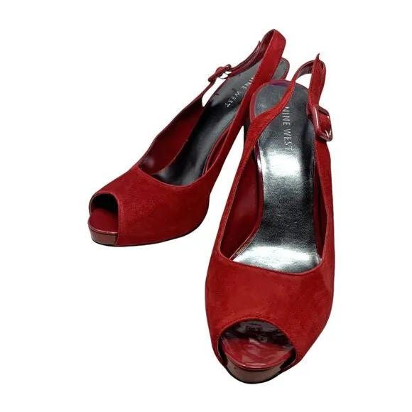 Nine West Siebert Red Suede Patent Leather‎ Slingback Heels