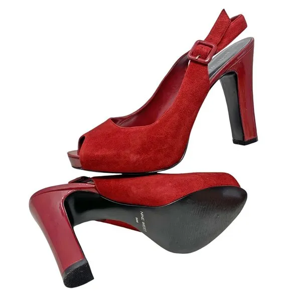 Nine West Siebert Red Suede Patent Leather‎ Slingback Heels