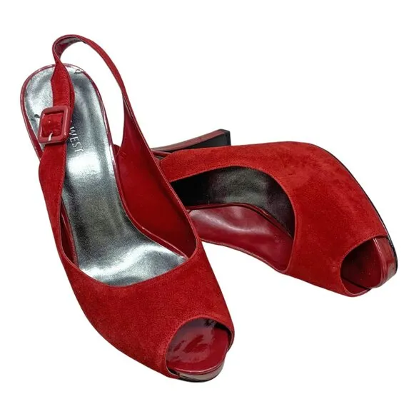 Nine West Siebert Red Suede Patent Leather‎ Slingback Heels