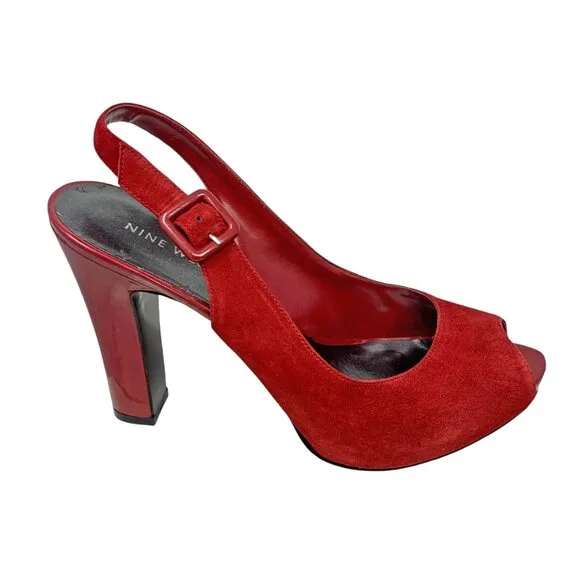 Nine West Siebert Red Suede Patent Leather‎ Slingback Heels