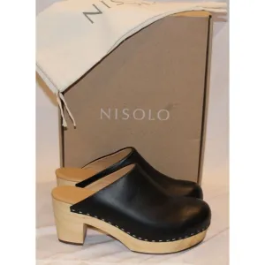 Nisolo Leather Closed Toe Slip On Wooden All Day Mule Heeled Clogs 9 BLACK
