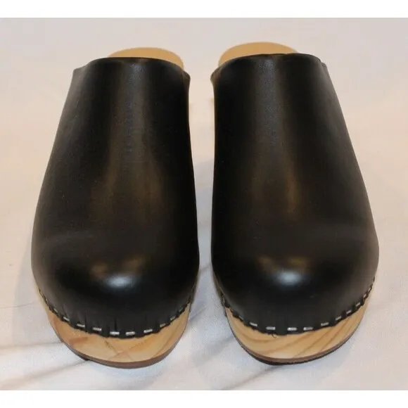 Nisolo Leather Closed Toe Slip On Wooden All Day Mule Heeled Clogs 9 BLACK