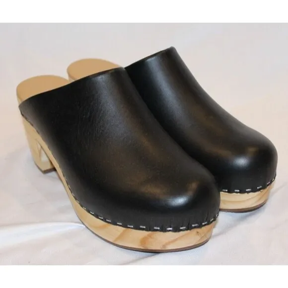 Nisolo Leather Closed Toe Slip On Wooden All Day Mule Heeled Clogs 9 BLACK