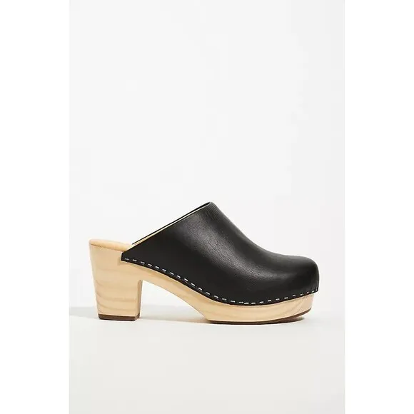 Nisolo Leather Closed Toe Slip On Wooden All Day Mule Heeled Clogs 9 BLACK