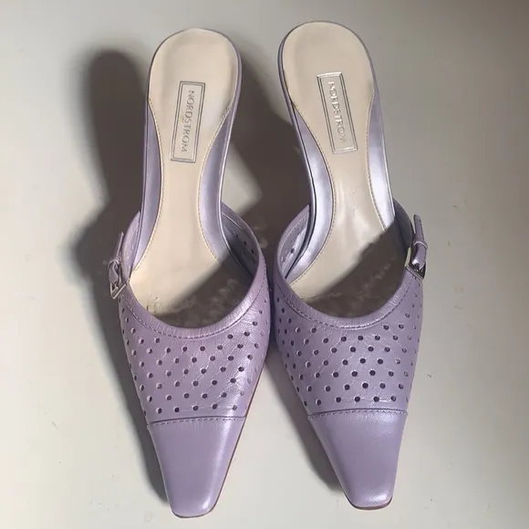NORDSTROM LAVENDER LEATHER SHOES WOODEN HEELS SZ 6 HEEL MULE