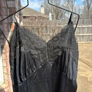 NOS Black SIlKY nylon Slip Dress full slip sz 48 Adj Straps NWT Wide Lace Trim