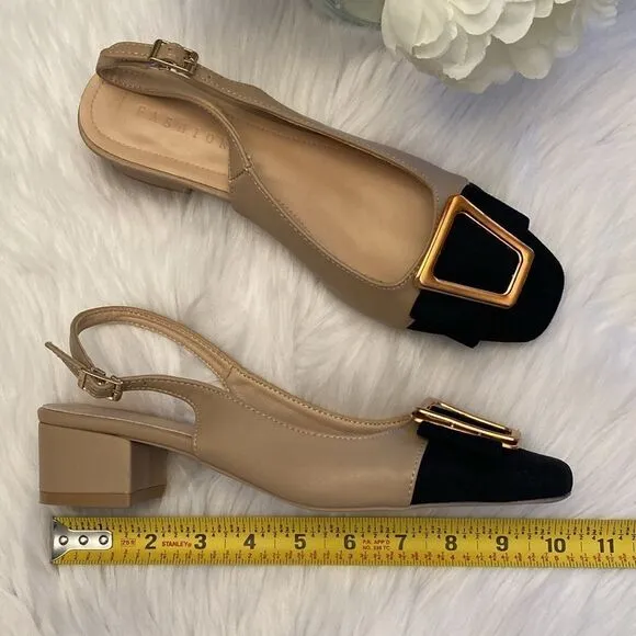 Nude Black Gold Minimalist Block Heels Squared Toe Dress Slingback Shoes