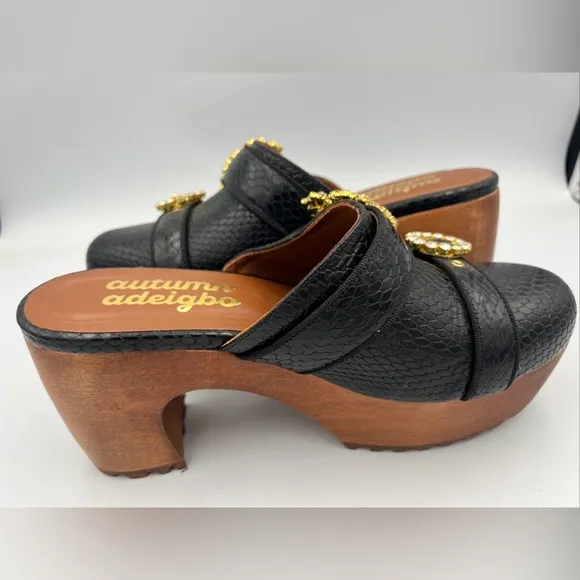 NWOB Autumn Adeigbo Black Snake Embossed Double Strap Clog Size EU38 MSRP $625