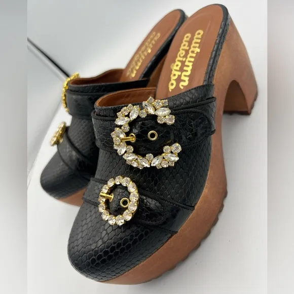 NWOB Autumn Adeigbo Black Snake Embossed Double Strap Clog Size EU38 MSRP $625