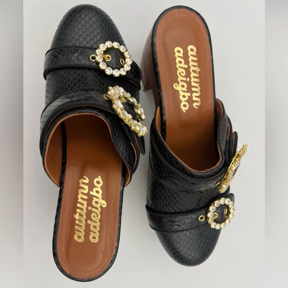 NWOB Autumn Adeigbo Black Snake Embossed Double Strap Clog Size EU38 MSRP $625