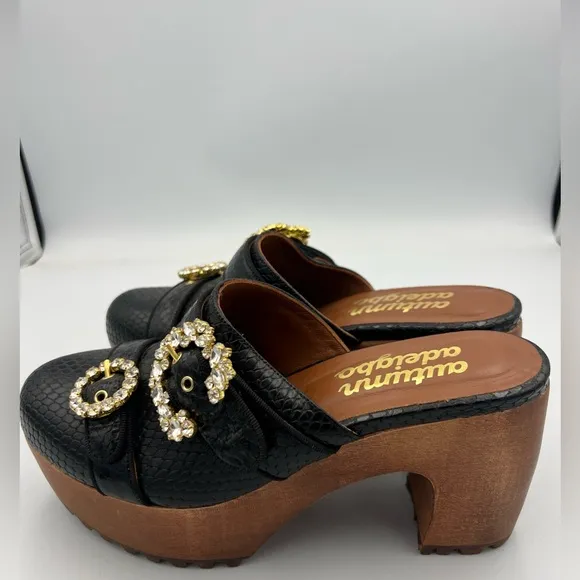 NWOB Autumn Adeigbo Black Snake Embossed Double Strap Clog Size EU38 MSRP $625
