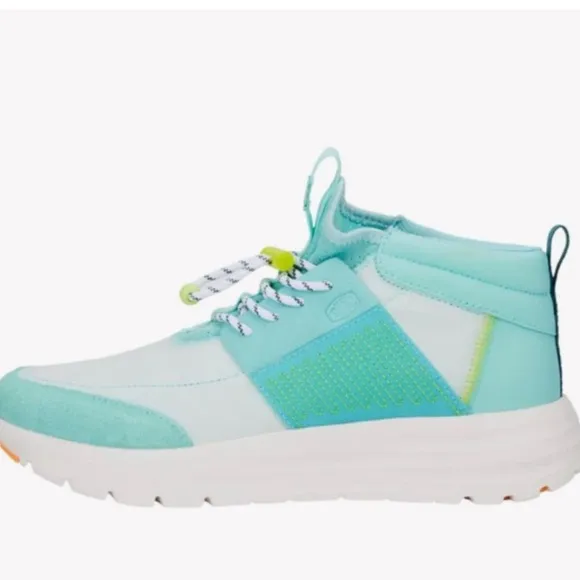 NWOB! Hey Dude women’s Sirocco Aqua and White Sneakers size 9, slip on!