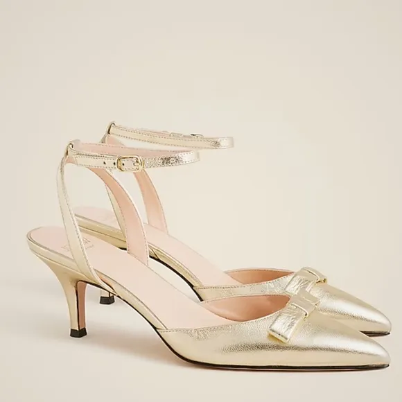 NWOB J crew Made-in-Italy Colette bow pumps in metallic crinkle leather