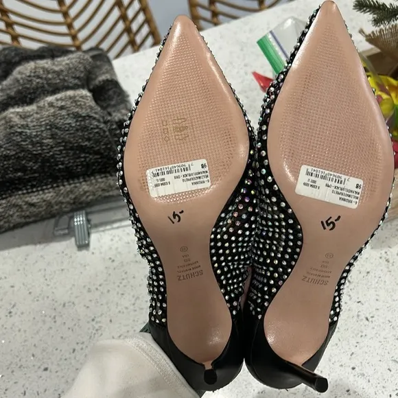 NWOB Schutz Crystal Studded Black Stiletto Heel Modern Edgy Night Out Mules - 9