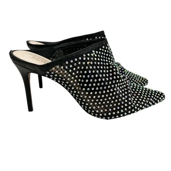 NWOB Schutz Crystal Studded Black Stiletto Heel Modern Edgy Night Out Mules - 9