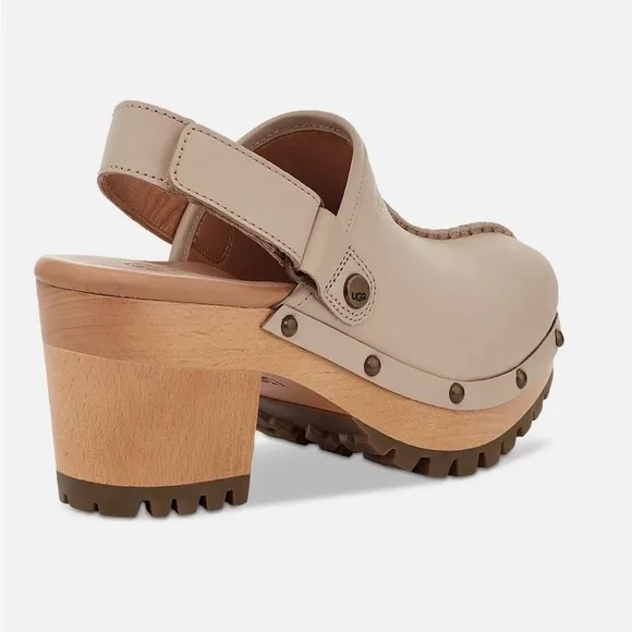 NWOB UGG LANNI TAN LEATHER/ WOOL 3&quot; CLOGS HEELS, WOMEN US 11