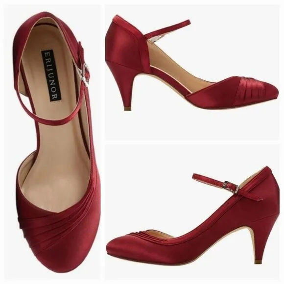 🩵NWOB Wine Satin Closed Toe Ankle Strap Kitten Heels Size 8