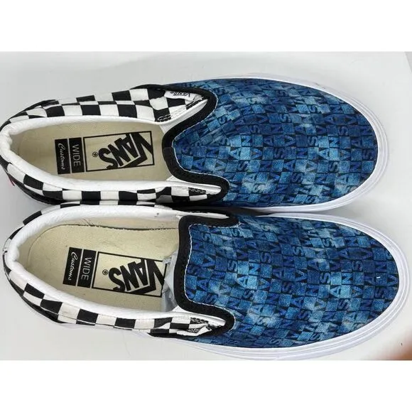 NWOB VANS Slip-On Logo &amp; Black White Check CUSTOMS Low Top WIDE M 6.5W W 8.0W