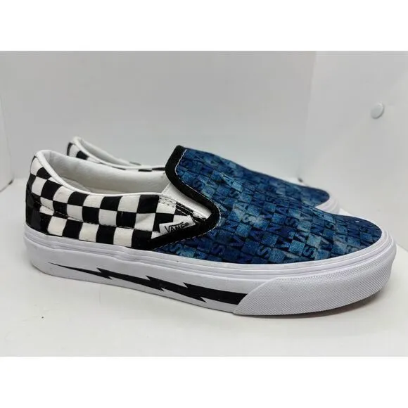 NWOB VANS Slip-On Logo &amp; Black White Check CUSTOMS Low Top WIDE M 6.5W W 8.0W