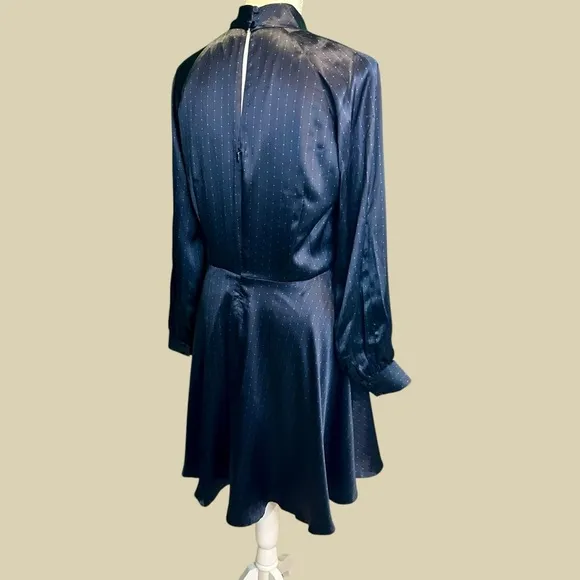 NWOT Club Monaco ‘Charmeuse Twist Neck Mini Dress’ in “Black &amp; Navy Dot” Size 10