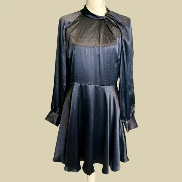 NWOT Club Monaco ‘Charmeuse Twist Neck Mini Dress’ in “Black &amp; Navy Dot” Size 10
