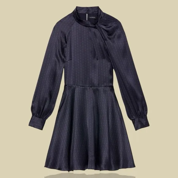 NWOT Club Monaco ‘Charmeuse Twist Neck Mini Dress’ in “Black &amp; Navy Dot” Size 10
