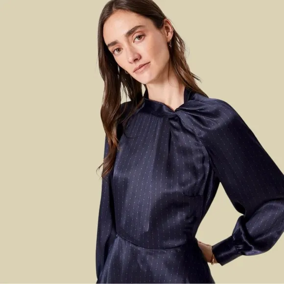 NWOT Club Monaco ‘Charmeuse Twist Neck Mini Dress’ in “Black &amp; Navy Dot” Size 10