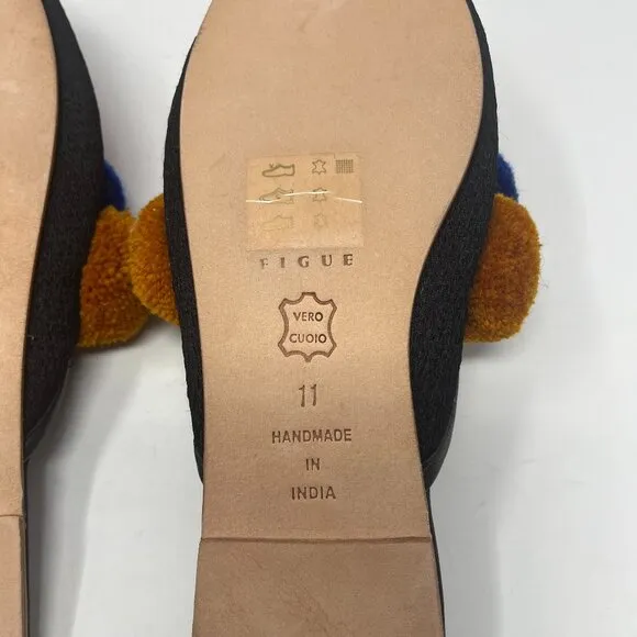 NWOT Figue Ashbury Stripe Iris slides mules 11 pompom black pink *flaw on sole*
