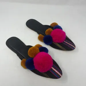 NWOT Figue Ashbury Stripe Iris slides mules 11 pompom black pink *flaw on sole*