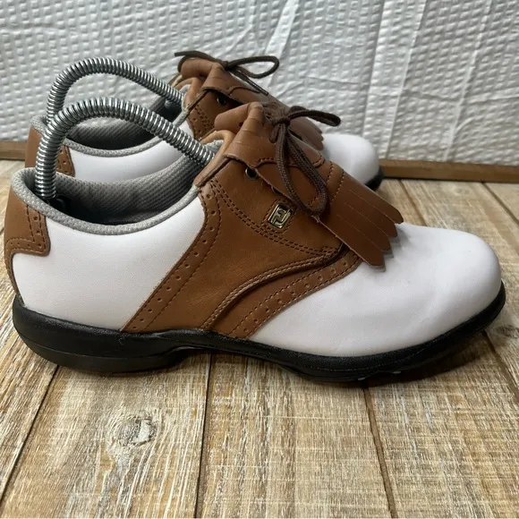 NWOT FootJoy DryJoy White-Brown Performance Golf Shoes Size 7.5M