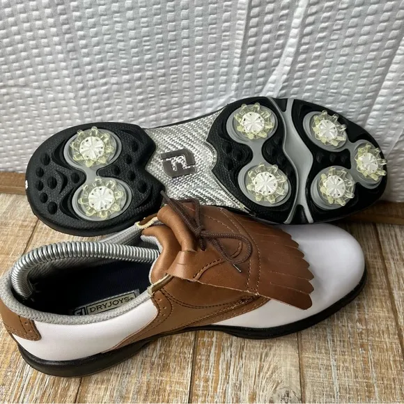 NWOT FootJoy DryJoy White-Brown Performance Golf Shoes Size 7.5M