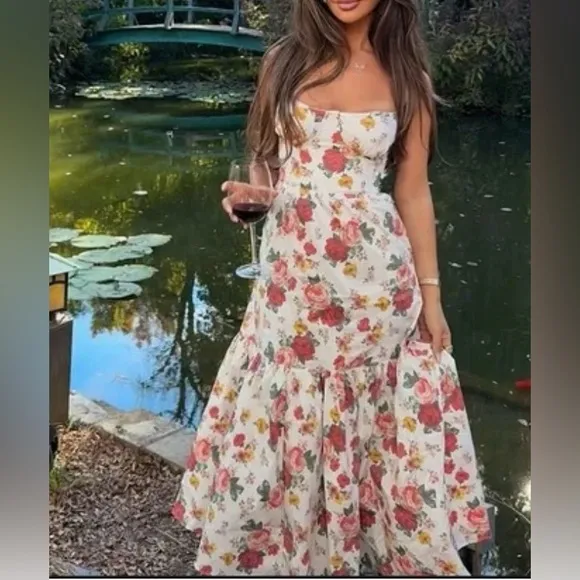 NWOT HOUSE OF CB ELIA ITALIAN ROSE PRINT COTTON MIDI SUNDRESS🌹🌹