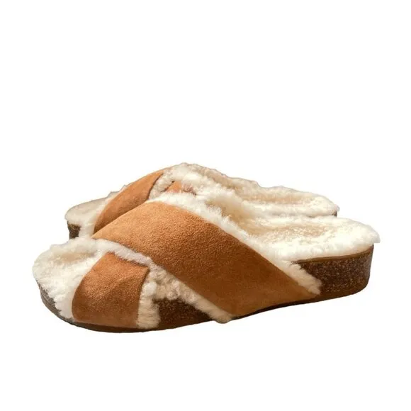 NWOT Jenni Kayne Shearling-Lined Suede Crossover Sandal Saddle Size 37