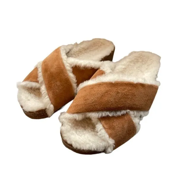 NWOT Jenni Kayne Shearling-Lined Suede Crossover Sandal Saddle Size 37