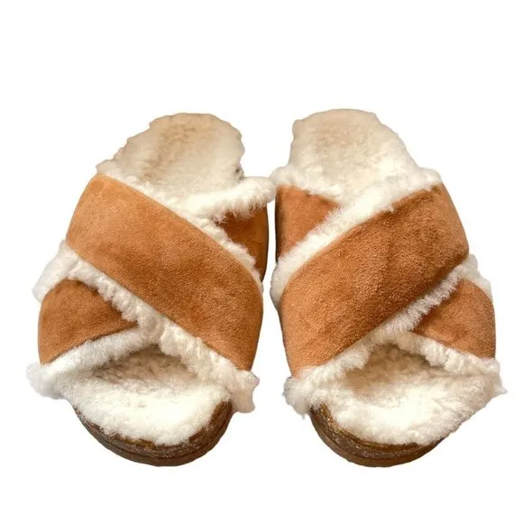 NWOT Jenni Kayne Shearling-Lined Suede Crossover Sandal Saddle Size 37