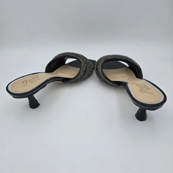NWOT Jewel Badgley Mischka Humor Crystal Open-Toe Kitten Heel Mules, Black, 6.5