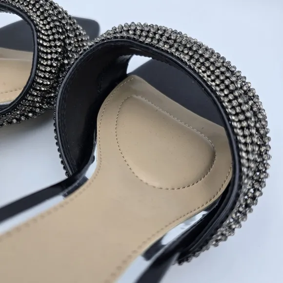 NWOT Jewel Badgley Mischka Humor Crystal Open-Toe Kitten Heel Mules, Black, 6.5