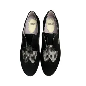 NWOT JOHNSTON &amp; MURPHY black suede Herringbone Tweed Fabric Lace Up Oxfords 8.5M