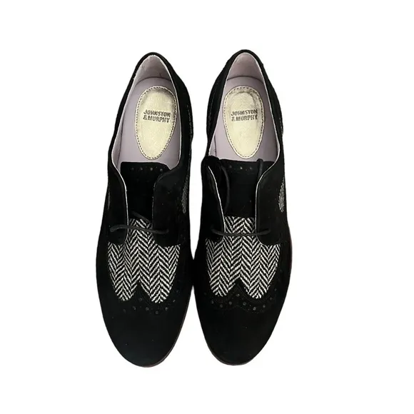 NWOT JOHNSTON &amp; MURPHY black suede Herringbone Tweed Fabric Lace Up Oxfords 8.5M