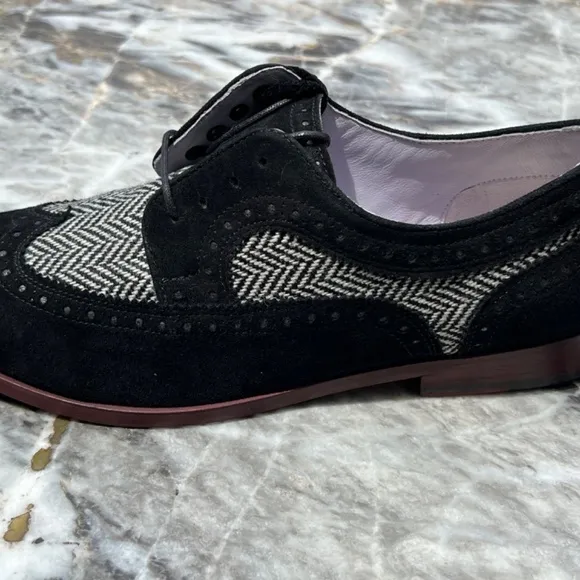 NWOT JOHNSTON &amp; MURPHY black suede Herringbone Tweed Fabric Lace Up Oxfords 8.5M