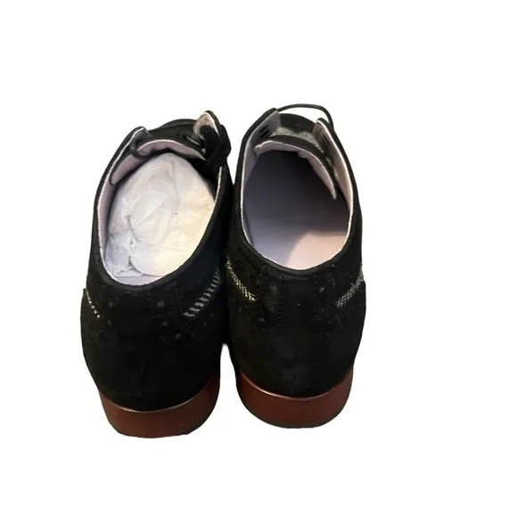 NWOT JOHNSTON &amp; MURPHY black suede Herringbone Tweed Fabric Lace Up Oxfords 8.5M