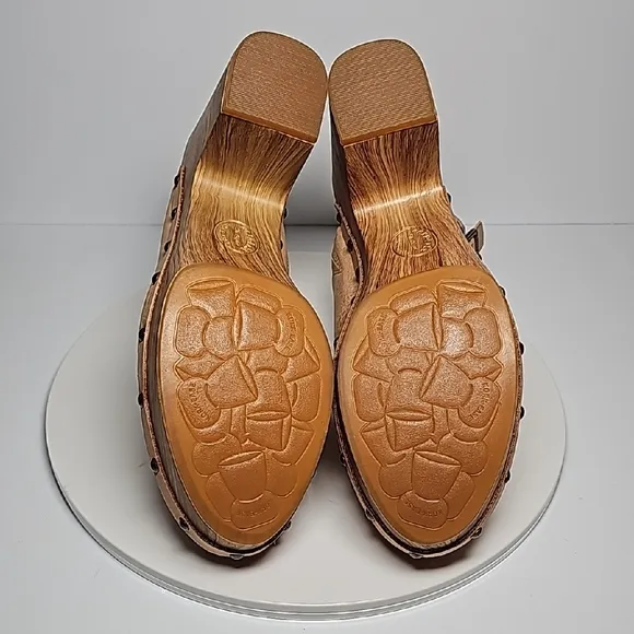 NWOT Kork-Ease Darby Clogs Wedge Slingback Adjustable Leather Wood Brown 10