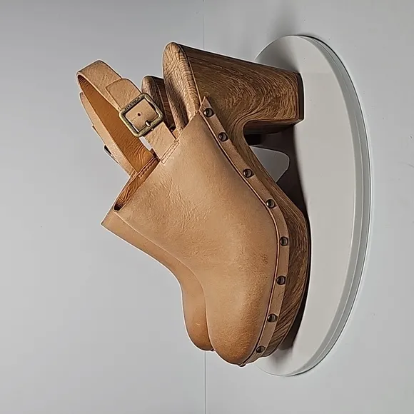 NWOT Kork-Ease Darby Slingback Clog Wedge Heels Adjustable Leather Wooden Tan 10